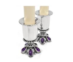 Floral Extraordinary Candlestick Holders Made Of Sterling Silver & Amethyst Stones - Modern Judaica Elegant Wedding Gift - thumbnail 1