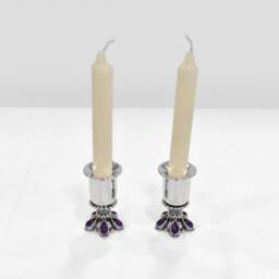 Floral Extraordinary Candlestick Holders Made Of Sterling Silver & Amethyst Stones - Modern Judaica Elegant Wedding Gift - thumbnail 4