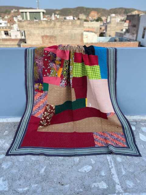 Cotton Kantha Quilt Reversible Patchwork Block Print Handmade Boho Throw Blanket - image 1