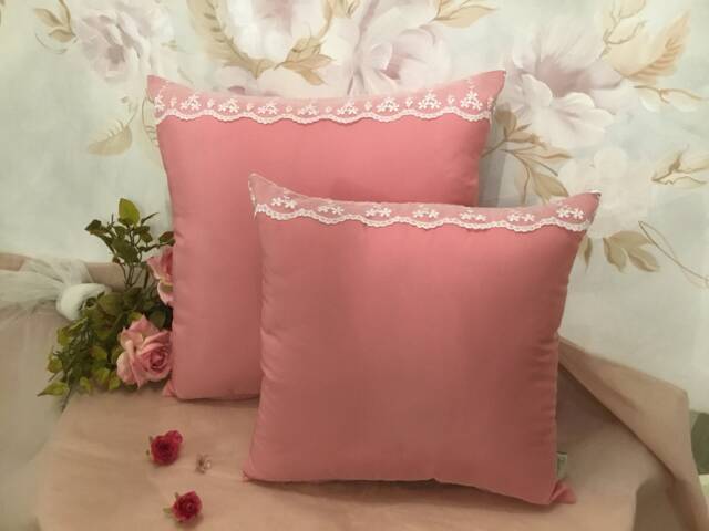 Pillow Cover in Taffeta & Deep Powder Pink Lace, Handmade Italy - image 1
