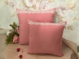 Pillow Cover in Taffeta & Deep Powder Pink Lace, Handmade Italy - thumbnail 1