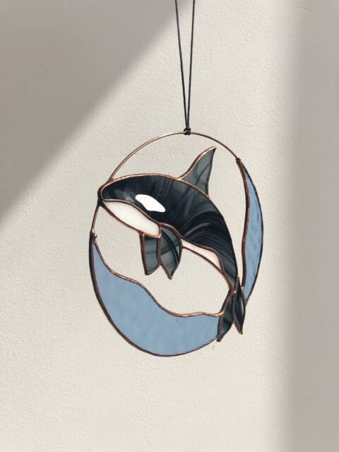 stain Glass Suncatcher Whale. Blue Home House Decor. Window Wall Corner Decoration - image 1
