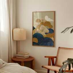 Blue Gold Landscape Poster Print - Japanese Style Tree & Wave Wall Art Mustard Navy Botanical Illustration - thumbnail 2