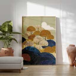 Blue Gold Landscape Poster Print - Japanese Style Tree & Wave Wall Art Mustard Navy Botanical Illustration - thumbnail 3