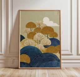 Blue Gold Landscape Poster Print - Japanese Style Tree & Wave Wall Art Mustard Navy Botanical Illustration - thumbnail 1