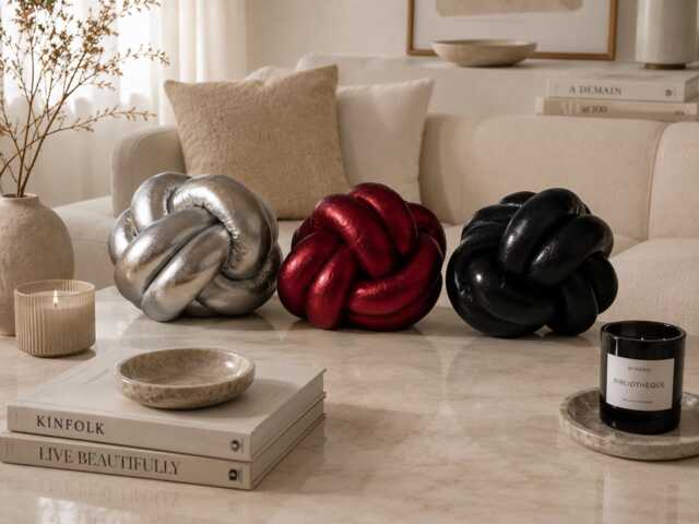 Knot Pillow Silver Black Red, Metallic Cushion, Decorative Throw Pillow, Modern Home Decor, Sofa Bed Accent, Minimalist Designer Gift - image 1