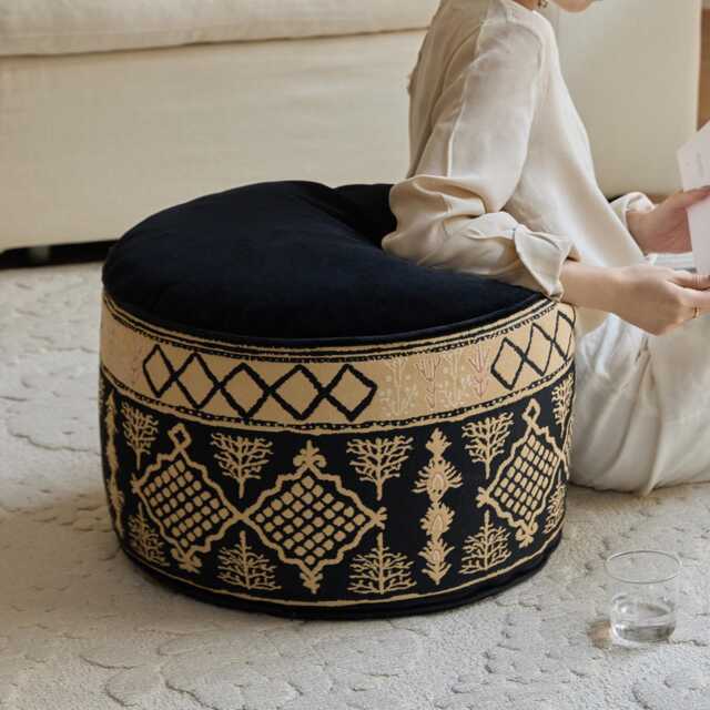 Boho Velvet Moroccan Pouf Cover, Handcrafted Jacquard Ottoman - image 1