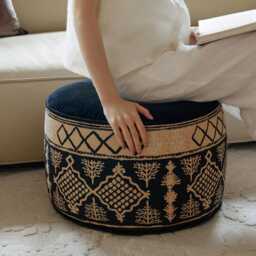 Boho Velvet Moroccan Pouf Cover, Handcrafted Jacquard Ottoman - thumbnail 3