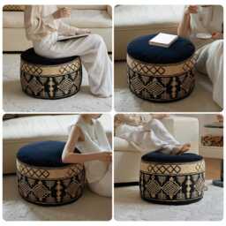 Boho Velvet Moroccan Pouf Cover, Handcrafted Jacquard Ottoman - thumbnail 4