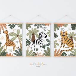 Set Of 3 Safari Animals Prints, Tiger Giraffe Zebra Print, Jungle Playroom Scandi Kids Art - thumbnail 3