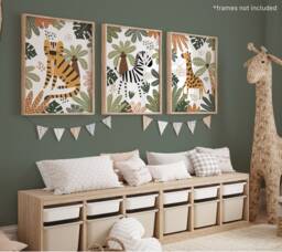 Set Of 3 Safari Animals Prints, Tiger Giraffe Zebra Print, Jungle Playroom Scandi Kids Art - thumbnail 1