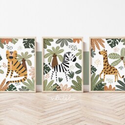 Set Of 3 Safari Animals Prints, Tiger Giraffe Zebra Print, Jungle Playroom Scandi Kids Art - thumbnail 2