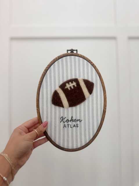 Personalized Football Nursery Wall Art - Custom Needle Felt Sports Decor With Baby Name Handmade Embroidered Keepsake For Boys' Room - image 1