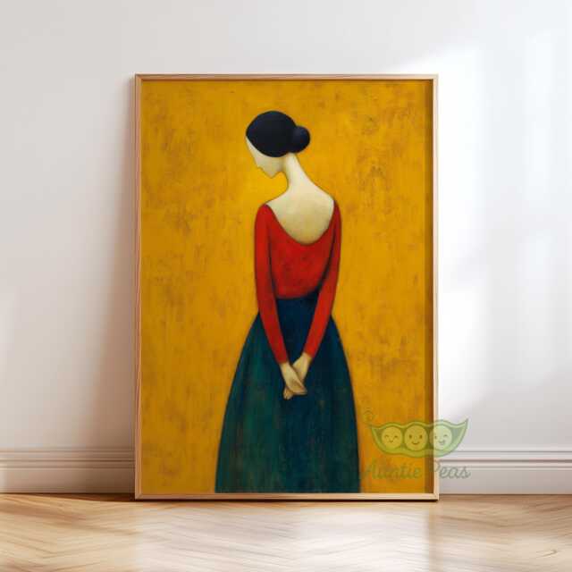 Mid Century Figurative Wall Art, Emerald Green Orange Woman Painting, Modern Minimalist Portrait Print, Retro Abstract Scandinavian Decor - image 1