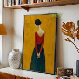 Mid Century Figurative Wall Art, Emerald Green Orange Woman Painting, Modern Minimalist Portrait Print, Retro Abstract Scandinavian Decor - thumbnail 2