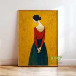 Mid Century Figurative Wall Art, Emerald Green Orange Woman Painting, Modern Minimalist Portrait Print, Retro Abstract Scandinavian Decor - thumbnail 1