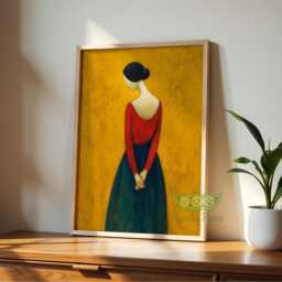 Mid Century Figurative Wall Art, Emerald Green Orange Woman Painting, Modern Minimalist Portrait Print, Retro Abstract Scandinavian Decor - thumbnail 3