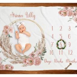 Baby Milestone Marker Ring Floral Wreath Crown Flower Pink Roses Greenery Growth Tracker Girl Blanket - thumbnail 3