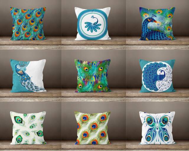 Peacock Cushion Cover-Peacock Feather Pillow Case-Decorative Cover-Living Room Case-Gift For Her Cushion-Handmade Material - image 1
