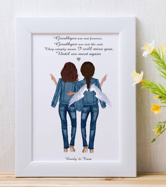 Personalized Memorial Art Print, Loss Of Friend Gift, Friendship Portrait With Angel Wings - image 1