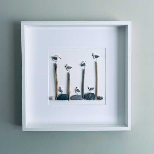 Large Quirky Cornish Seagulls On Driftwood & Pebbles Picture Framed 52x52cm Pebble Art Unique Handmade in Cornwall - image 1