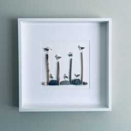 Large Quirky Cornish Seagulls On Driftwood & Pebbles Picture Framed 52x52cm Pebble Art Unique Handmade in Cornwall - thumbnail 1