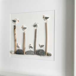 Large Quirky Cornish Seagulls On Driftwood & Pebbles Picture Framed 52x52cm Pebble Art Unique Handmade in Cornwall - thumbnail 4
