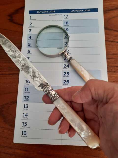 Upcycled Vintage Desk Set With Magnifying Glass & Silver Plated Opener, Mother Of Pearl Handles, Perfect Gift For Retirement Or Home Office - image 1
