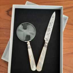 Upcycled Vintage Desk Set With Magnifying Glass & Silver Plated Opener, Mother Of Pearl Handles, Perfect Gift For Retirement Or Home Office - thumbnail 2