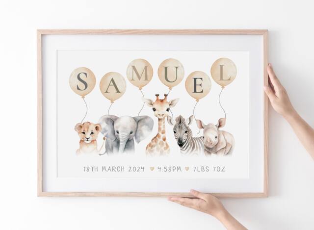 Personalized Safari Animal Nursery Print Baby Birth Stats, Playroom Decor With Name - image 1