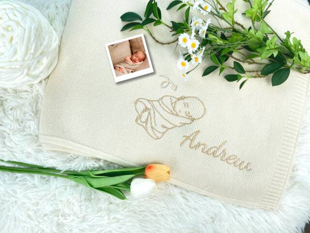 Hand-Embroidered Baby Portrait Blanket Personalized Cotton Keepsake - image 1