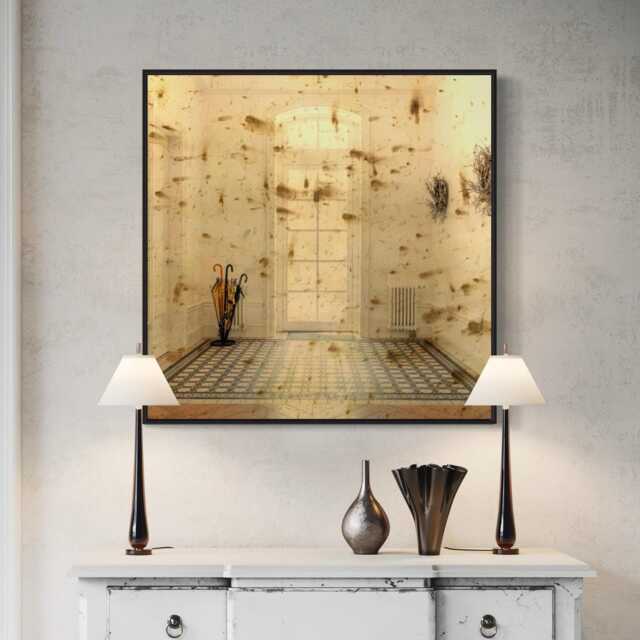 Rusty Antique Bronze Tinted Wall Mirror - Black Metal Frame - image 1