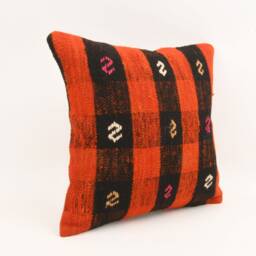 Handwoven Kilim Pillow Cover Vintage Turkish Wool, 16x16 Inches - thumbnail 3
