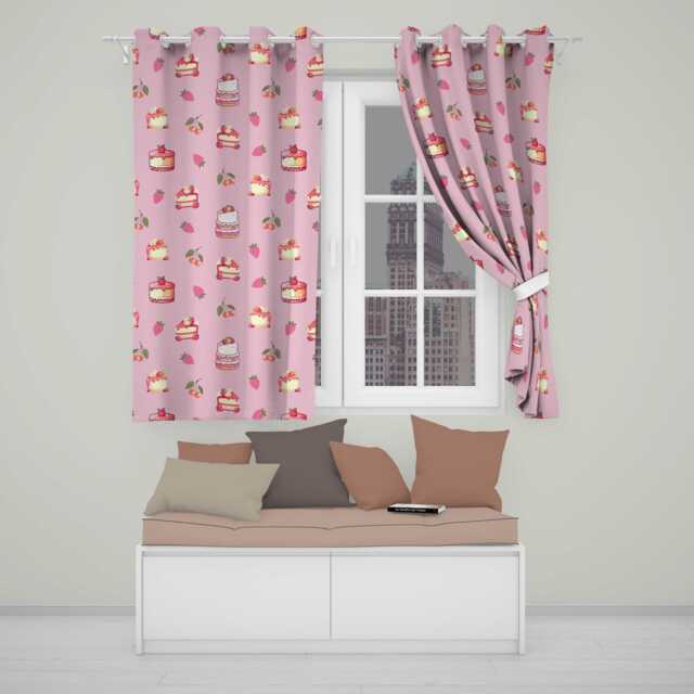 Cute Strawberry Cake Cherry Dessert Seamless Pattern Rose Pink Background Readymade Eyelet Ring Top Thermal 100% Blackout Curtains - image 1