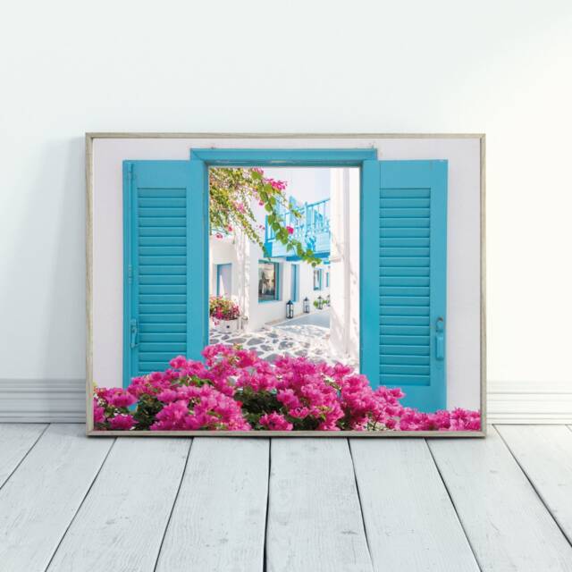 Greek Street View Wall Print, Greece Through A Window Mediterranean Bougainvillea Decor - image 1