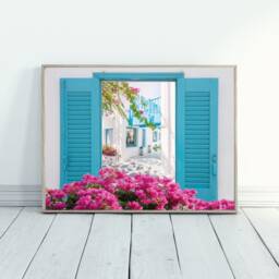 Greek Street View Wall Print, Greece Through A Window Mediterranean Bougainvillea Decor - thumbnail 1