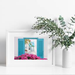 Greek Street View Wall Print, Greece Through A Window Mediterranean Bougainvillea Decor - thumbnail 3