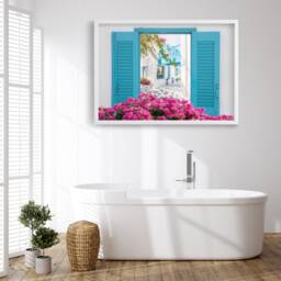 Greek Street View Wall Print, Greece Through A Window Mediterranean Bougainvillea Decor - thumbnail 2