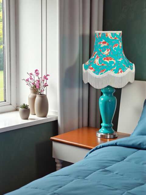 Japanese Koi Carp Lampshade With Ivory Cream Fringe, British Made Oriental Fabric Lamp Shade - image 1