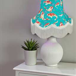 Japanese Koi Carp Lampshade With Ivory Cream Fringe, British Made Oriental Fabric Lamp Shade - thumbnail 3