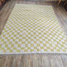 Handmade Checkered Wool Moroccan Rug, Boho White & Yellow Rug - 8x10 Ft - thumbnail 2