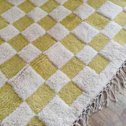 Handmade Checkered Wool Moroccan Rug, Boho White & Yellow Rug - 8x10 Ft - thumbnail 3
