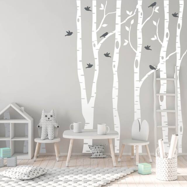 Birch Tree Branches Nursery Wall Art Decal, Woodland Baby Shower Gift, Aspen Forest Grove Vinyl Wallpaper, Kids Room Birds On Branch Decor - image 1