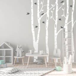 Birch Tree Branches Nursery Wall Art Decal, Woodland Baby Shower Gift, Aspen Forest Grove Vinyl Wallpaper, Kids Room Birds On Branch Decor