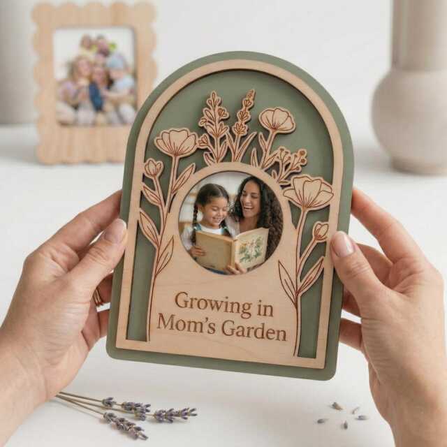 Custom Mom's Garden Wood Photo Frame, Personalized Floral Keepsake Plaque, Engraved Gift For Her, Mother's Day Decor - image 1