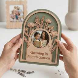 Custom Mom's Garden Wood Photo Frame, Personalized Floral Keepsake Plaque, Engraved Gift For Her, Mother's Day Decor - thumbnail 1
