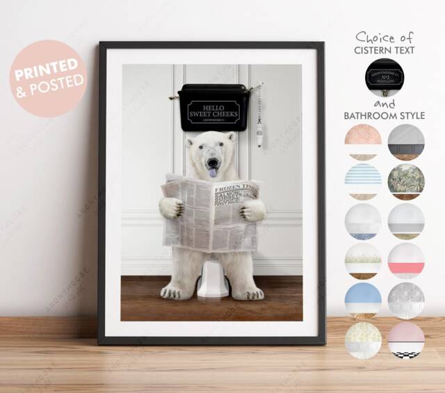 Polar Bear On Toilet With Newspaper, Victorian Toilet, Funny Bathroom Print, Animal Paper, Whimsy - image 1