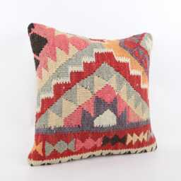 Vintage Turkish Kilim Pillow Cover, Wool Bohemian Cushion - 20''x20'' - thumbnail 3