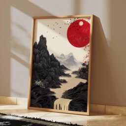 Red Sun Japanese Landscape Wall Art, Minimalist Oriental Mountain Poster, Zen Nature Print For Modern Interiors - thumbnail 2