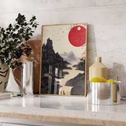 Red Sun Japanese Landscape Wall Art, Minimalist Oriental Mountain Poster, Zen Nature Print For Modern Interiors - thumbnail 3